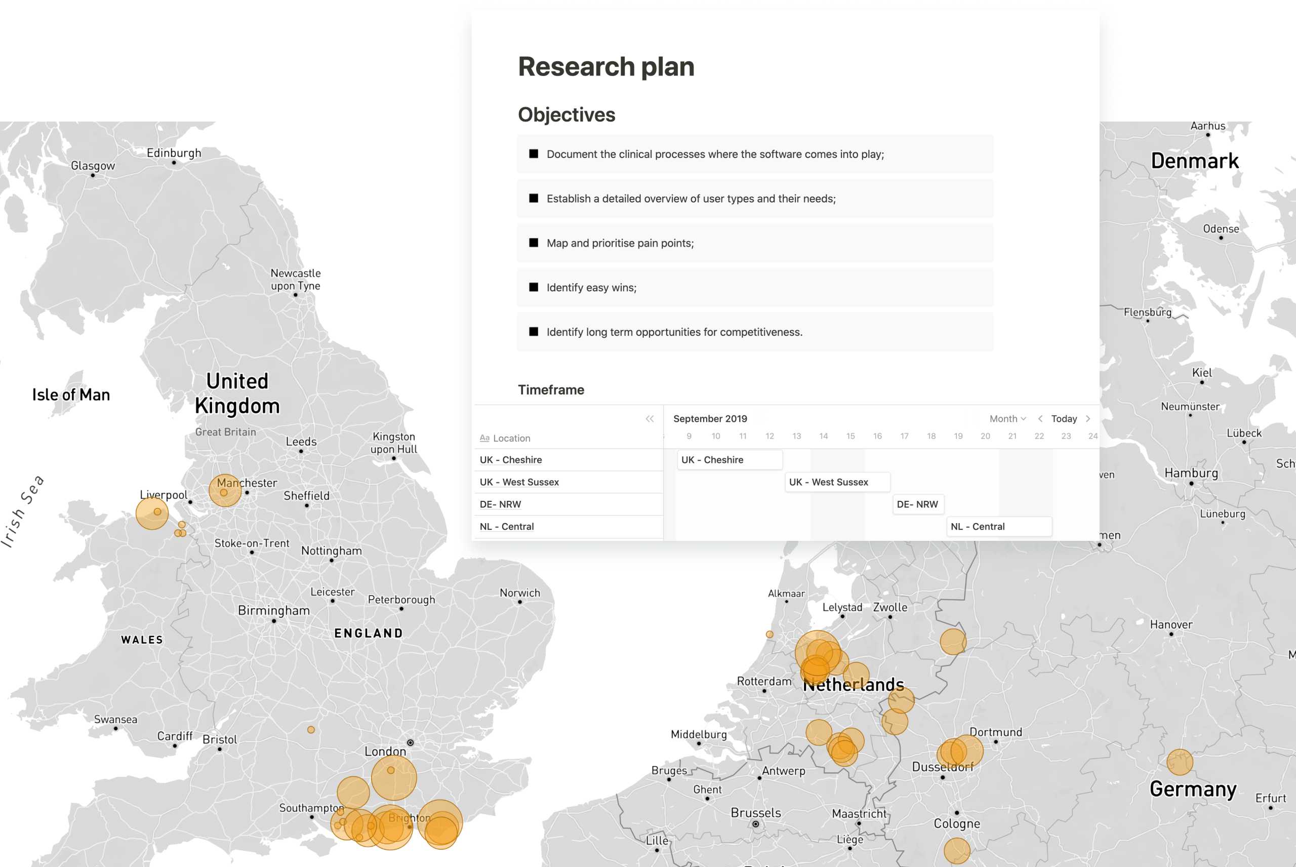Karta över Storbritannien och Tyskland med markerade platser för användarundersökningar