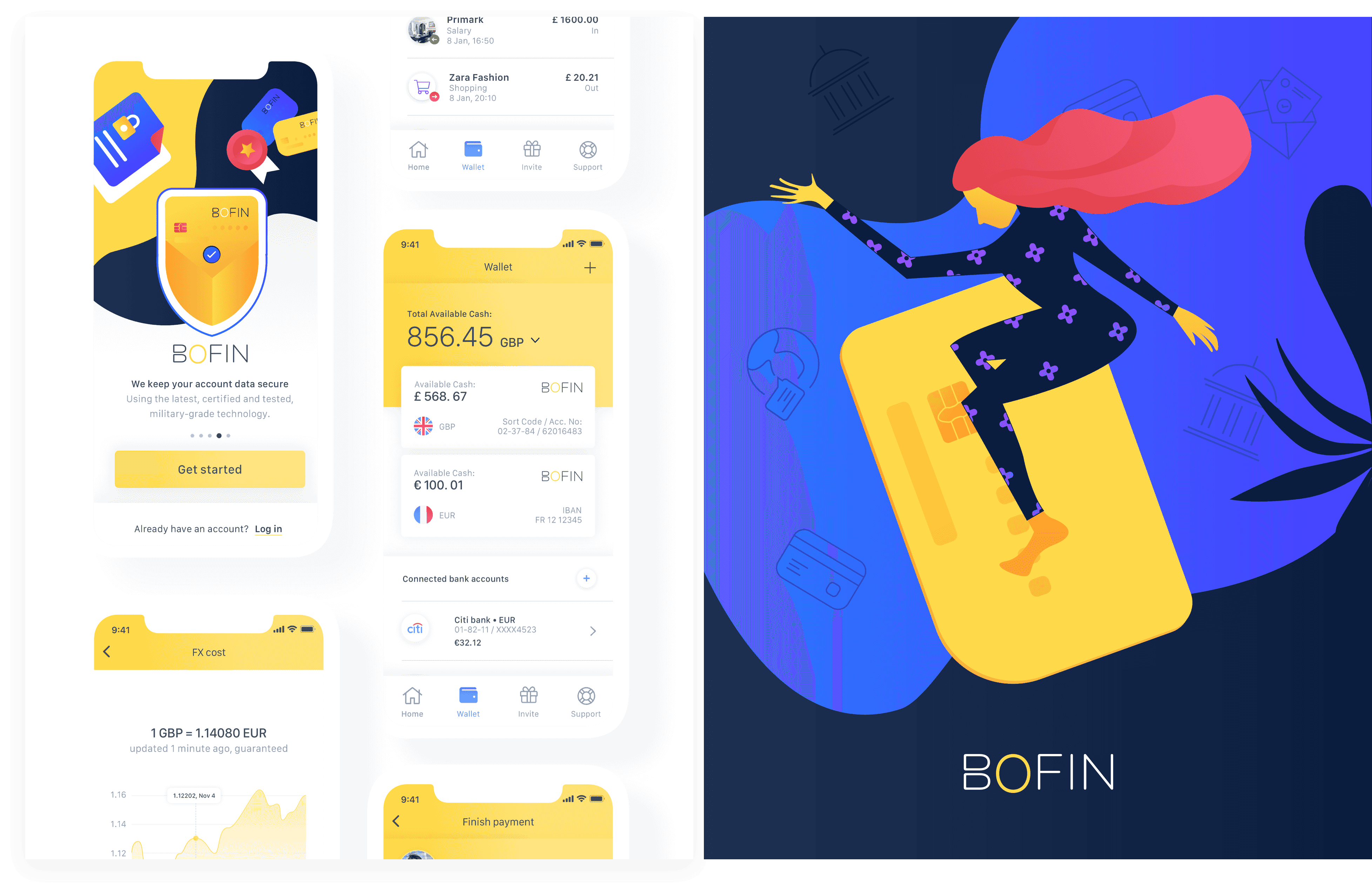 Appdesign och illustration av en fintech-app sida vid sida.