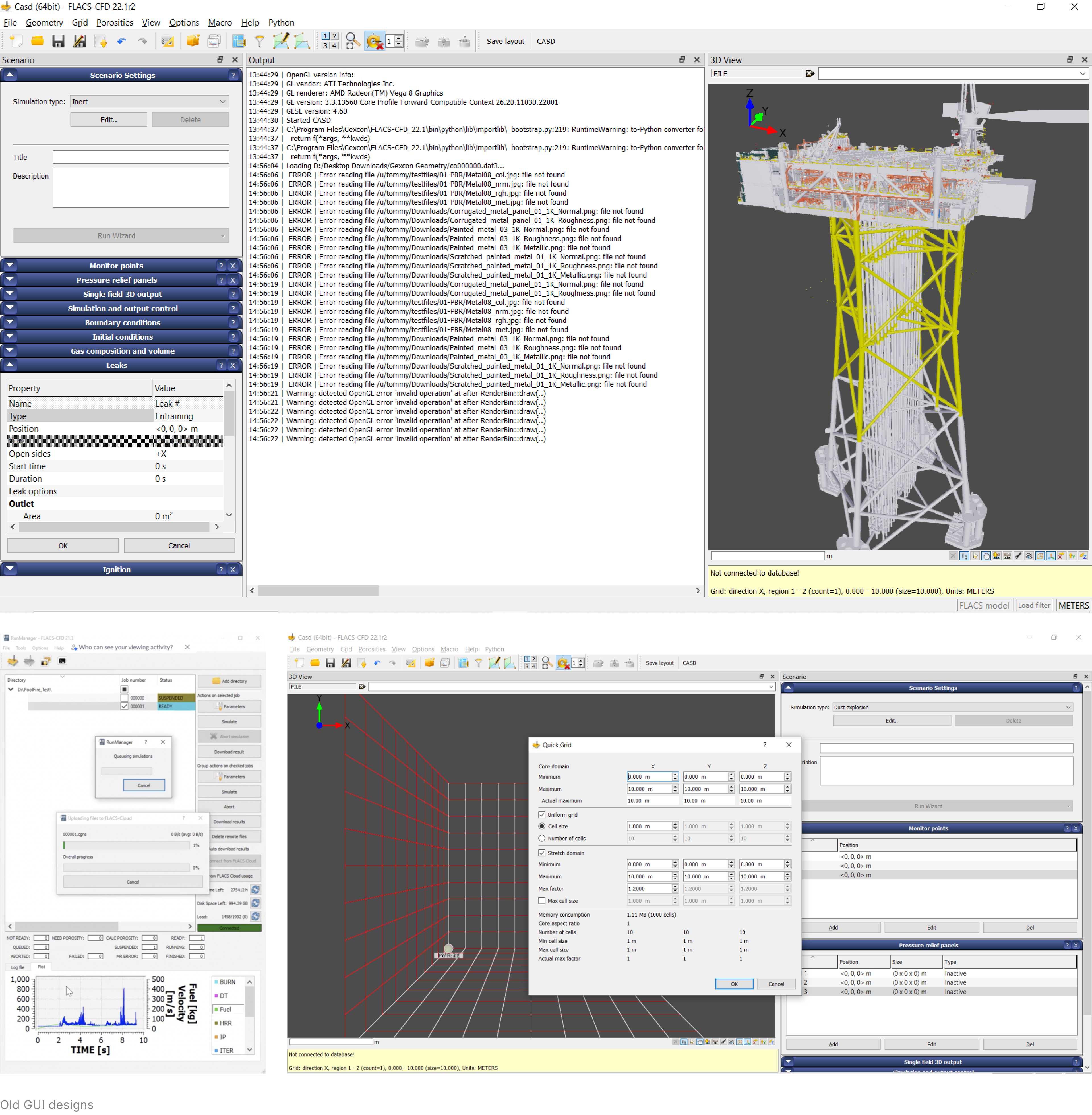 Skärmdumpar från ett gammalt användargränssnitt för CFD-simuleringsprogram.