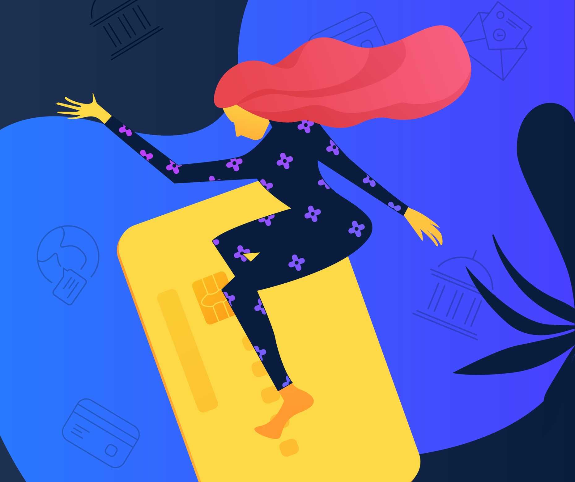 Illustration för mobilapp UI med en kvinna som surfar på ett kreditkort