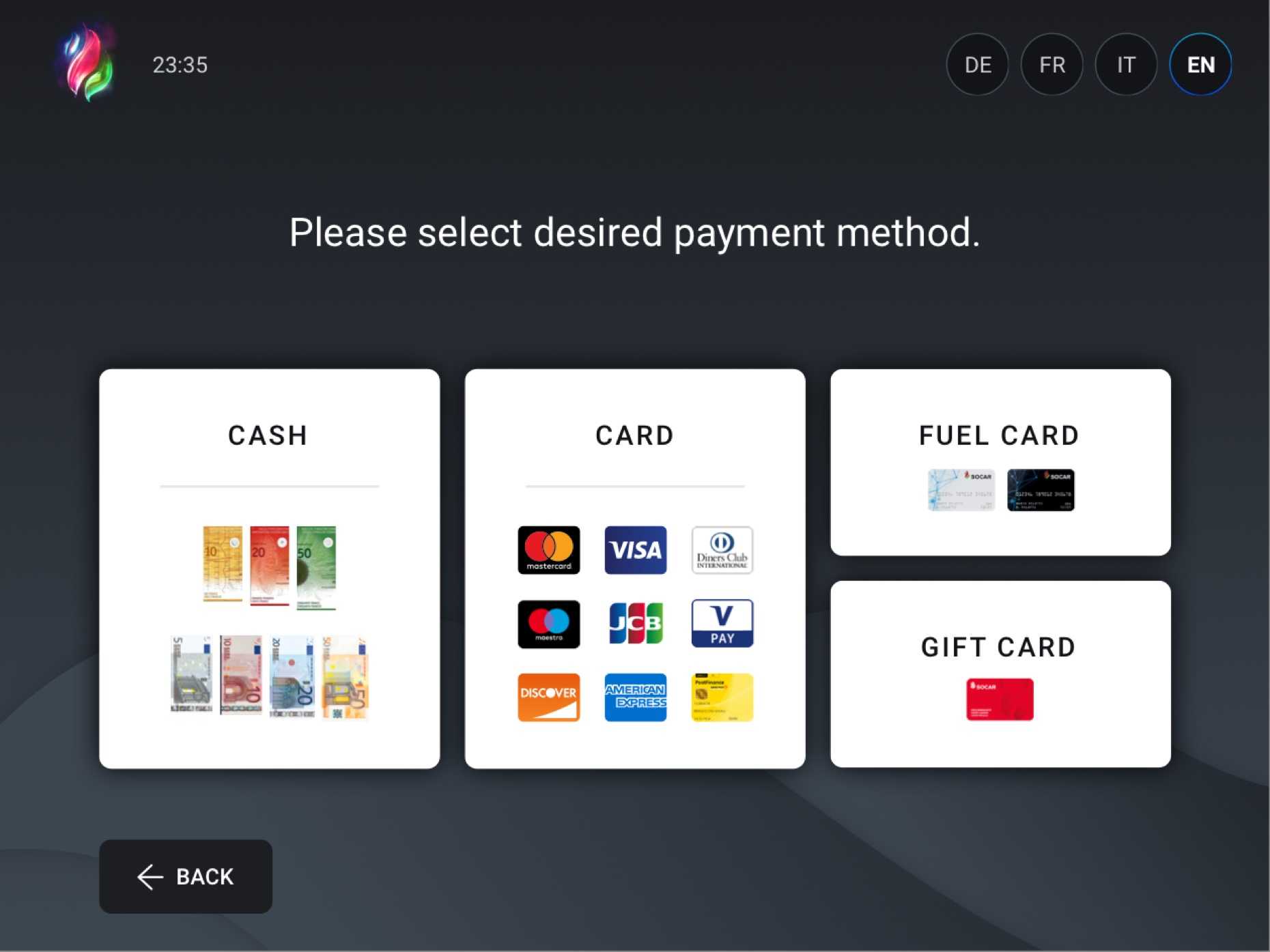 UI-design för ett inbäddat system där användaren väljer betalningsmetod i en självbetjäning.