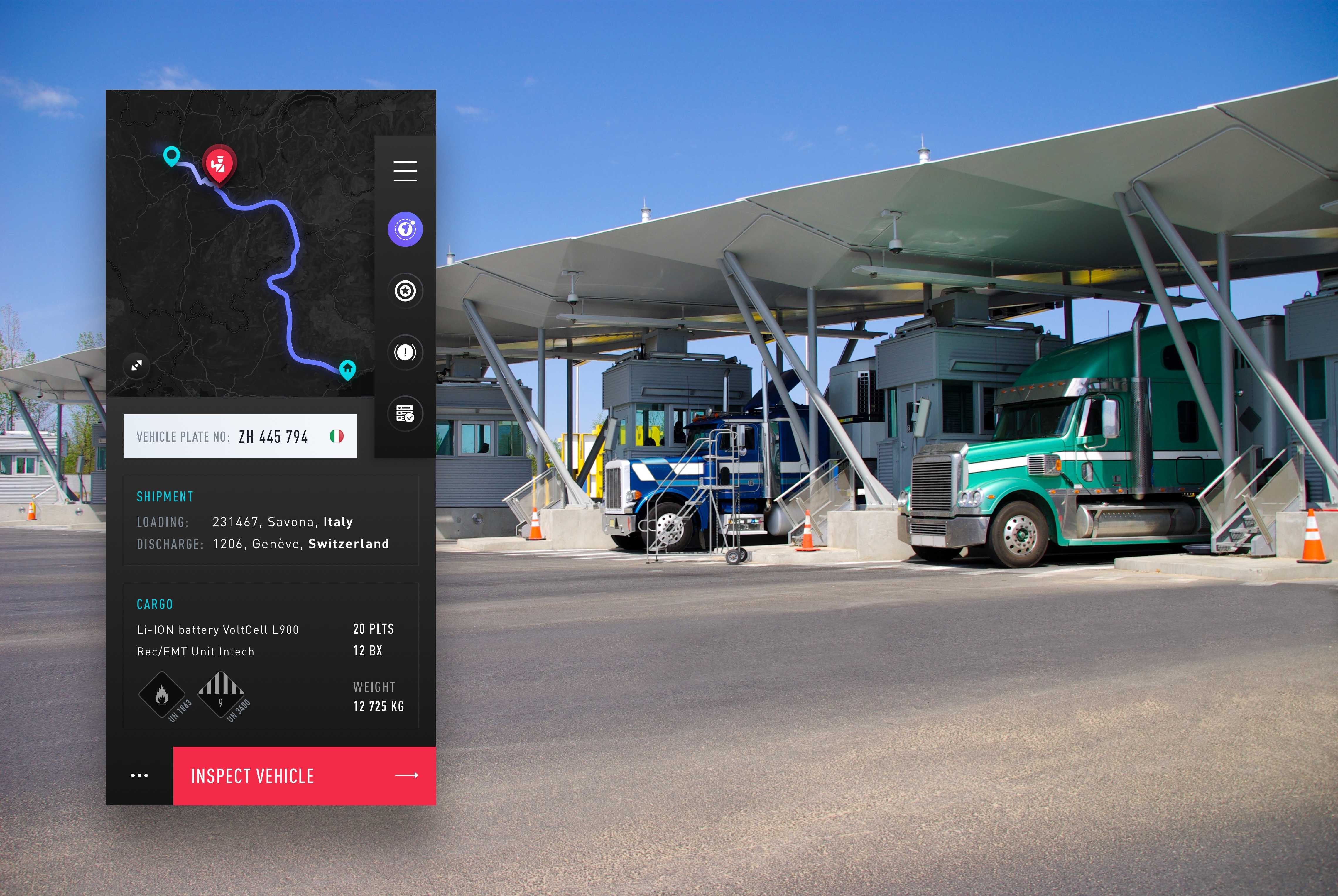 UI-design av en underrättelseapplikation vid en gränsövergång med lastbilar som väntar i bakgrunden
